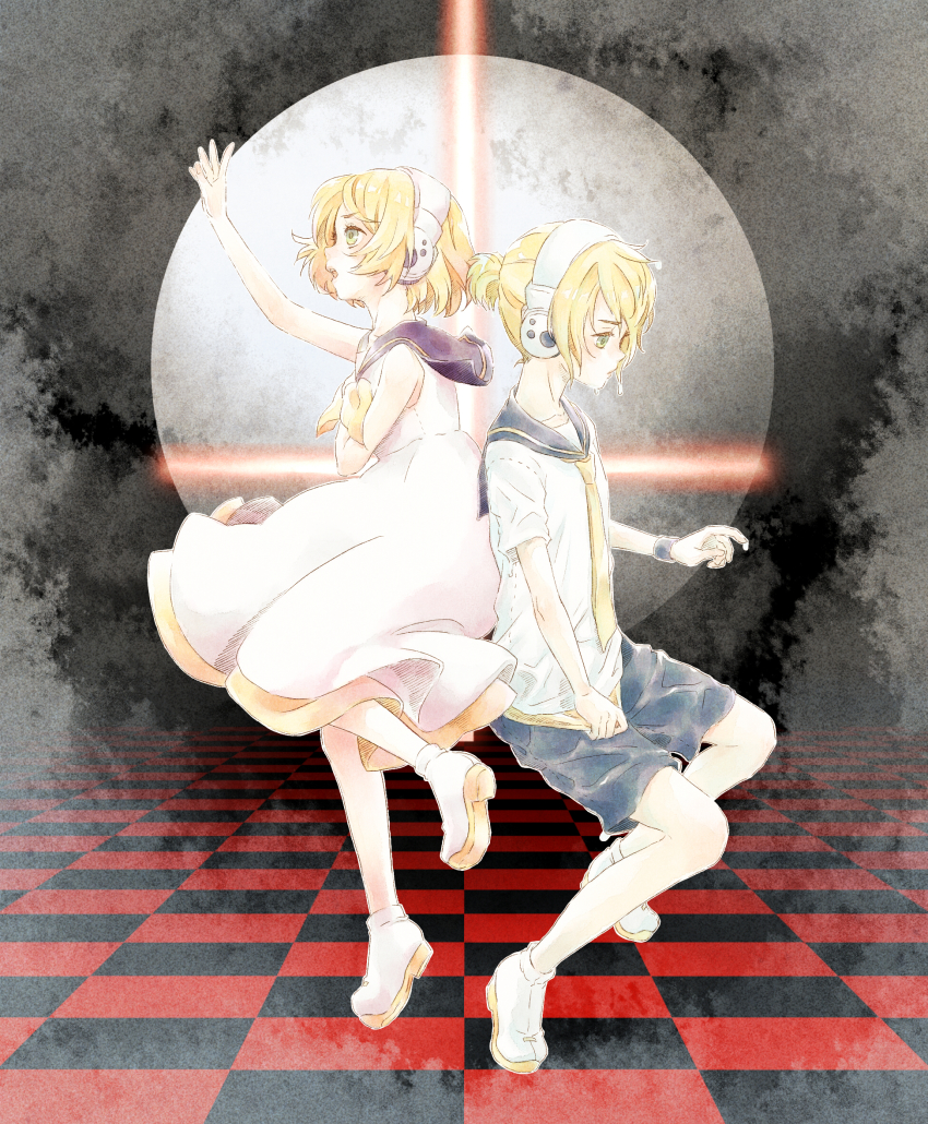 1boy, 1girl, blonde_hair, brother_and_sister, checkered_floor, cross, dress, green_eyes