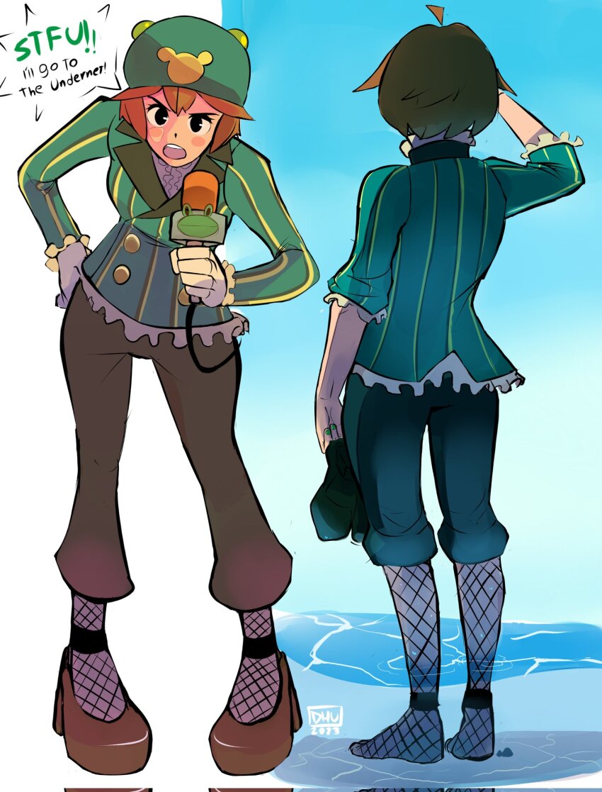 1girl, brown_hair, danyhu16, fishnets, hat, high_heels, highres, mega_man_(series), mega_man_battle_network, ribitta_(mega_man)