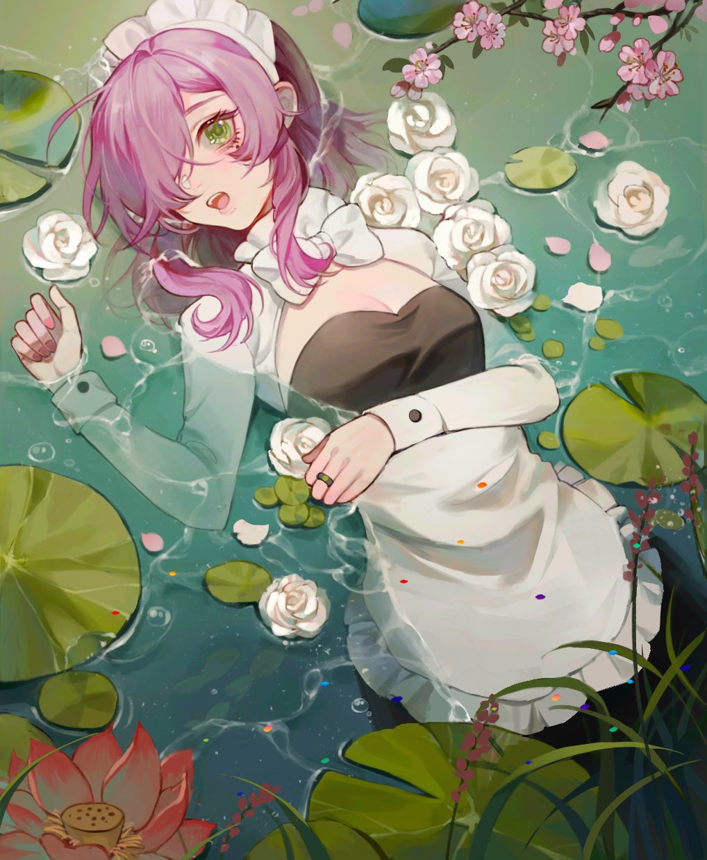 1girl, alternate_costume, apron, black_dress, bow, bowtie, branch, breasts