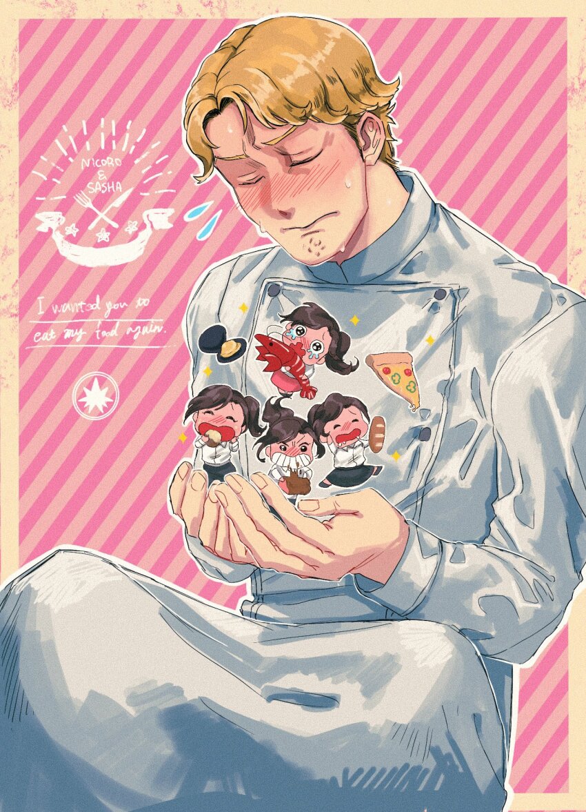 1boy, 1girl, blonde_hair, blush, bread, brown_hair, chef, chibi