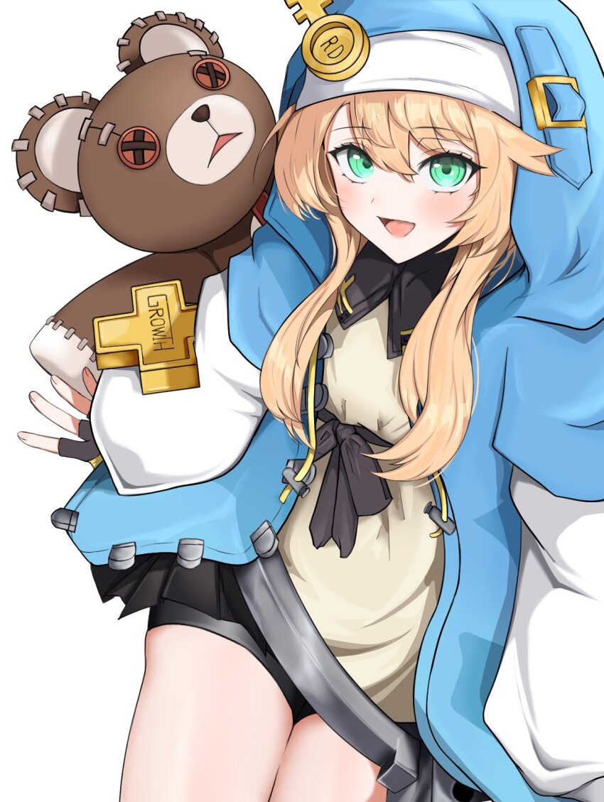 1boy, androgyne_symbol, bike_shorts, black_gloves, blonde_hair, blush, bridget_(guilty_gear), cuffs