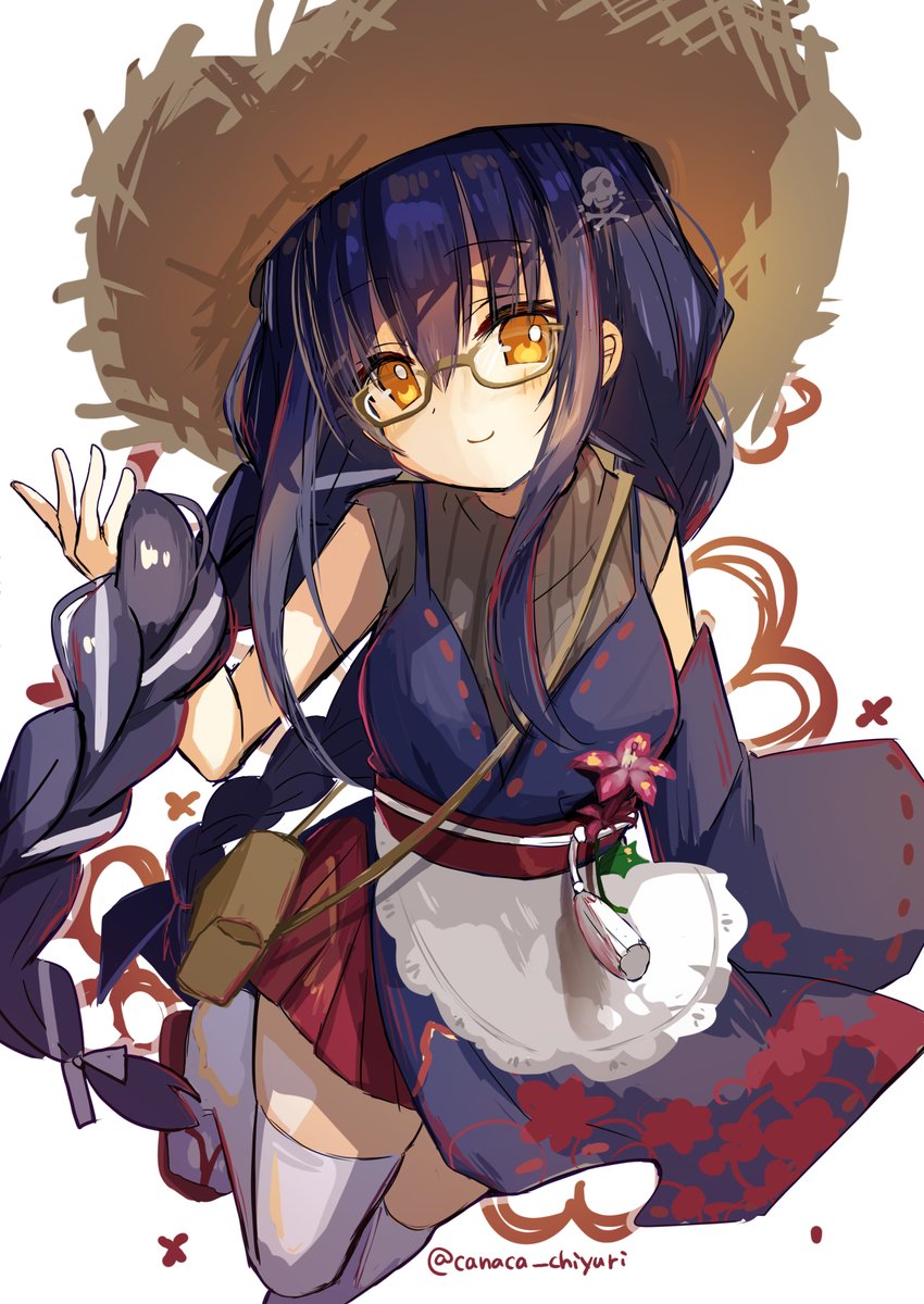 1girl, alternate_costume, alternate_hairstyle, apron, bespectacled, black_dress, black_hair, blush