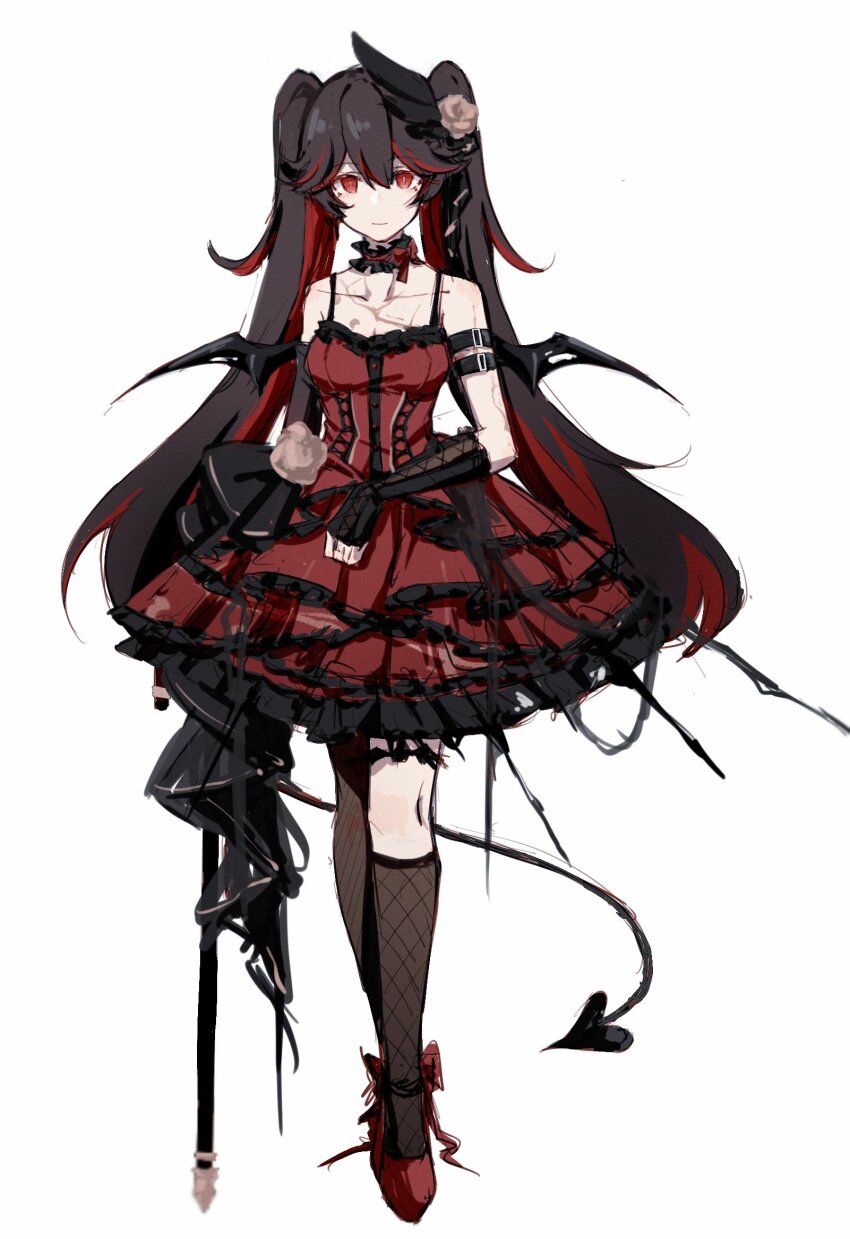 1girl, alternate_costume, asymmetrical_gloves, beizhi, black_gloves, black_hair, black_ribbon, demon_tail