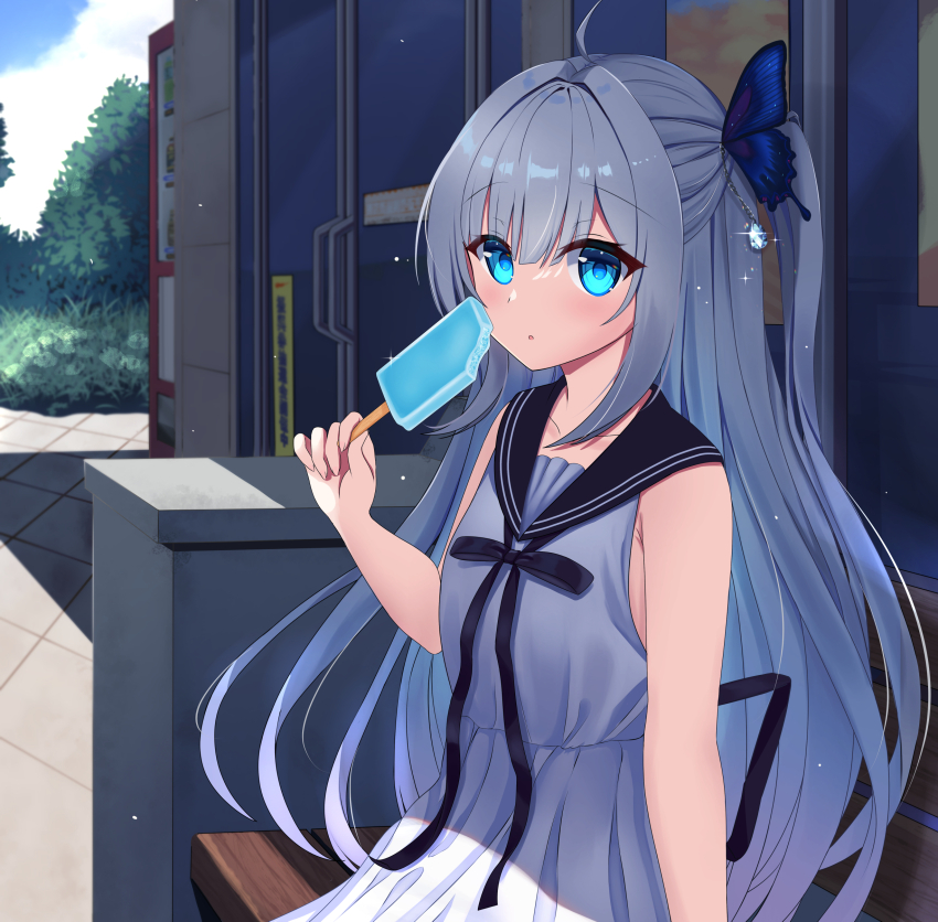 1girl, absurdres, ahoge, arm_at_side, black_ribbon, black_sailor_collar, blue_eyes, blue_gem