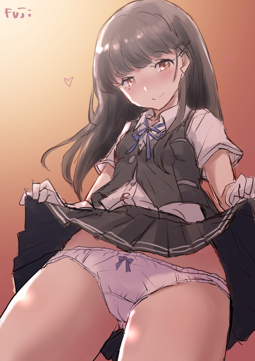 1girl, artist_name, black_hair, black_skirt, black_vest, blue_ribbon, brown_eyes, clothes_lift