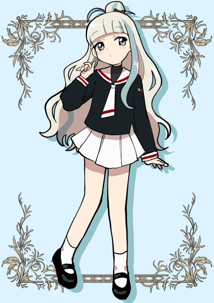 1girl, artist_request, black_bow, black_shirt, black_shoes, black_sweater, blue_background, blue_hair