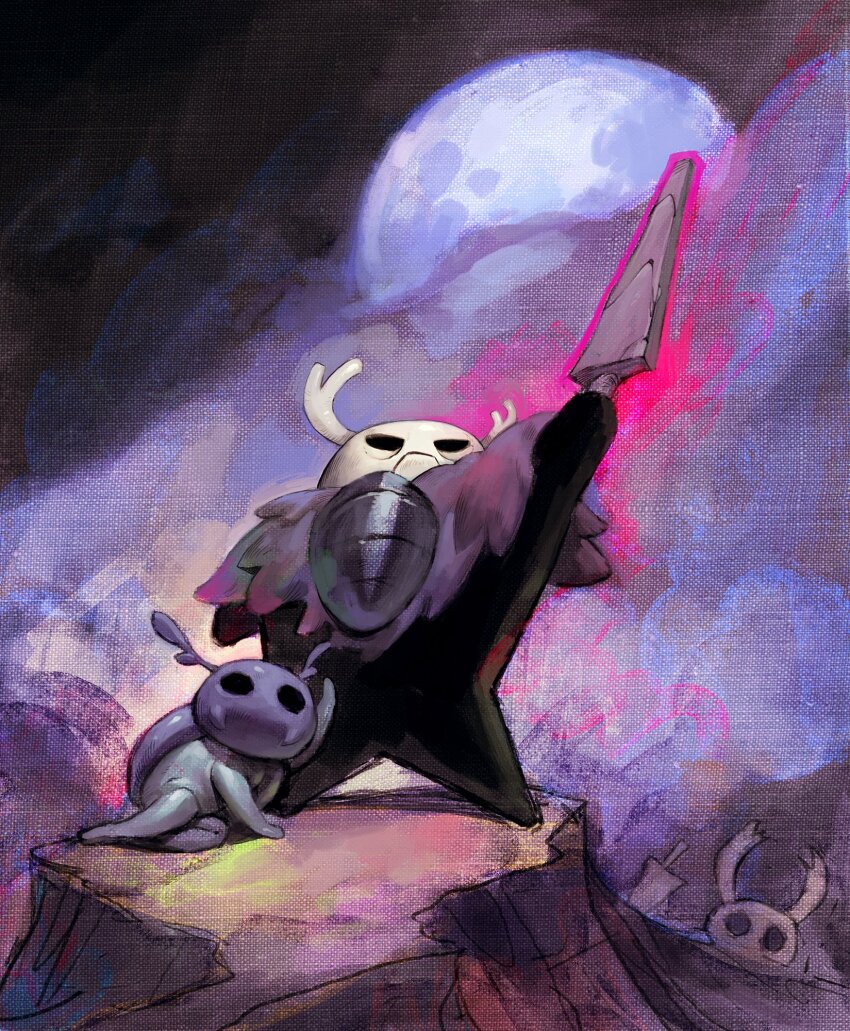 1boy, 1girl, 1other, antennae, arthropod_girl, aura, black_skin, blank_eyes, bretta_(hollow_knight), bug, colored_skin, full_body, garrett_hanna, grey_prince_zote, highres, hollow_knight, horns, knight_(hollow_knight), nail_(hollow_knight), standing, tree_stump, watercolor_background, zote