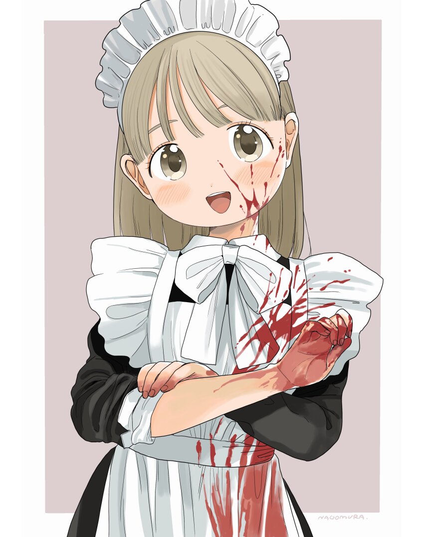 1girl, absurdres, apron, artist_name, black_dress, blonde_hair, blood, blood_on_clothes