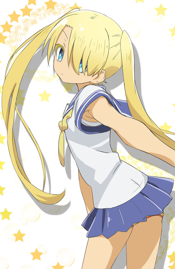 1girl, blue_eyes, blue_skirt, closed_mouth, hair_over_one_eye, haruyama_kazunori, komori-san_wa_kotowarenai!, long_hair