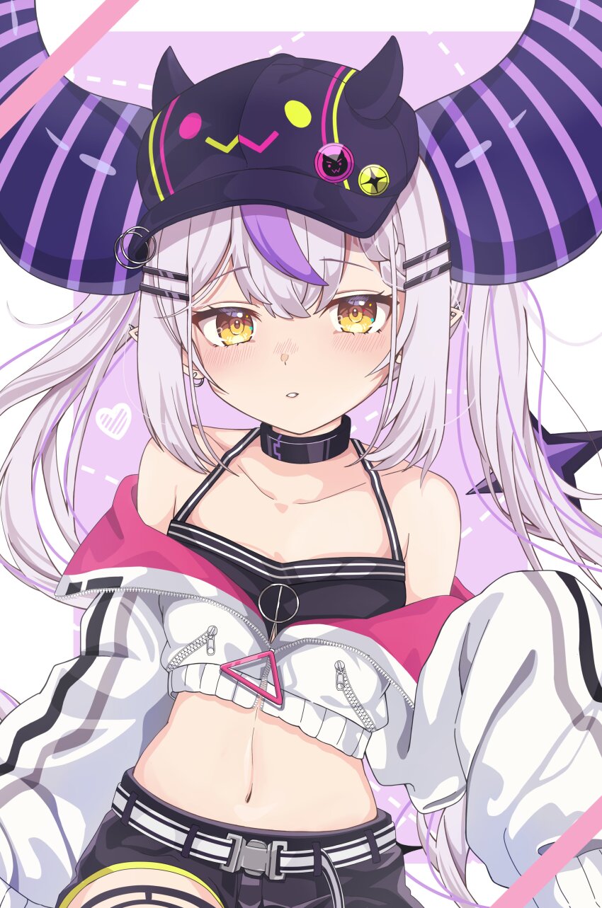 1girl, absurdres, ahoge, black_horns, braid, braided_bangs, cosplay, ear_piercing