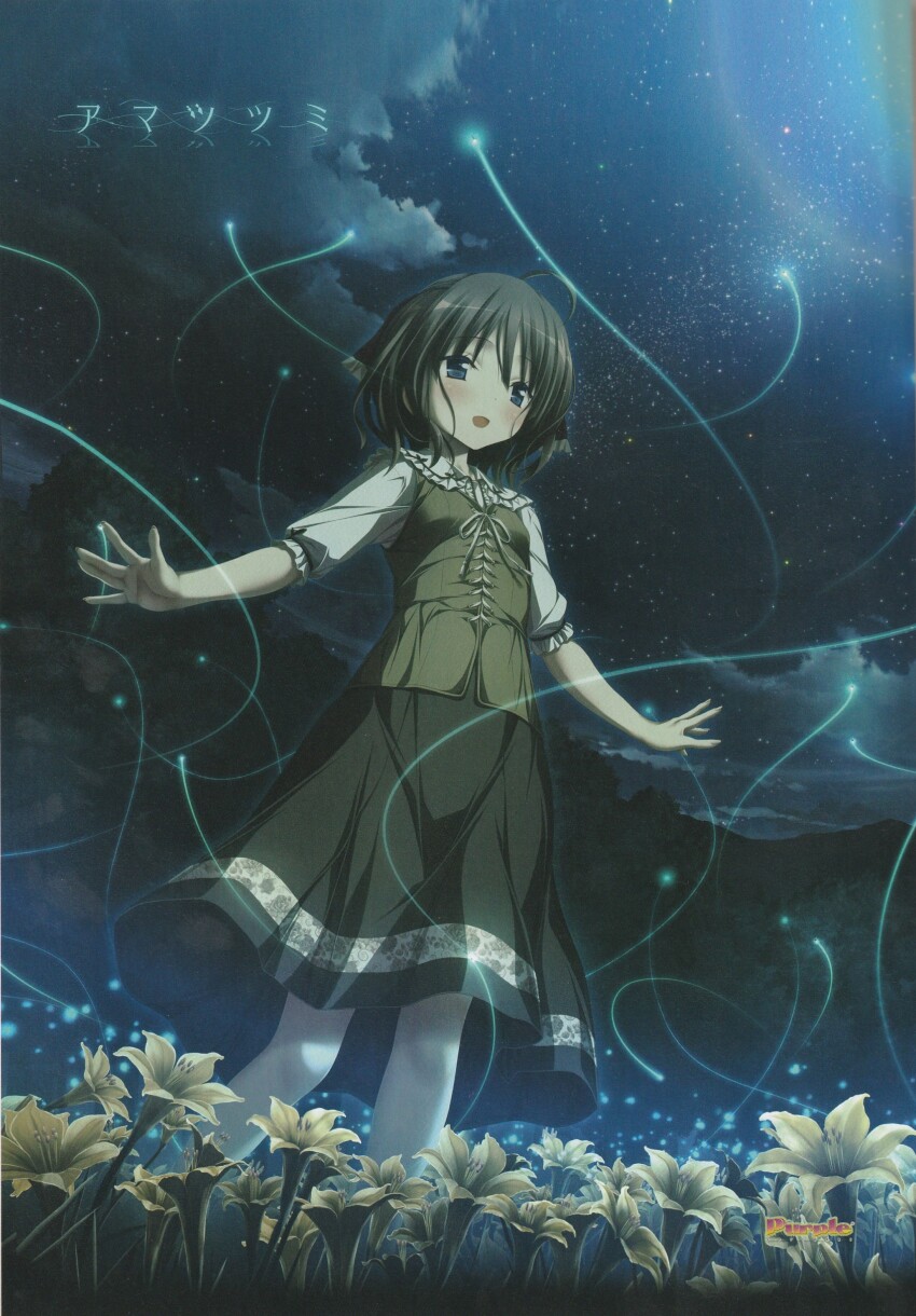 1girl, absurdres, amatsutsumi, black_skirt, blush, breasts, field, fireflies