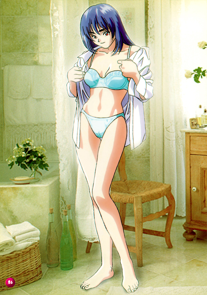 1990s_(style), 1girl, akiyama_yuuko, barefoot, basket, bathroom, blue_bra, blue_hair