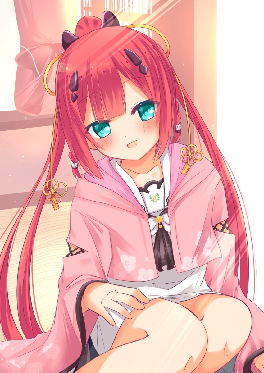 1girl, :d, aqua_eyes, ascot, black_ascot, blunt_bangs, blush, braid