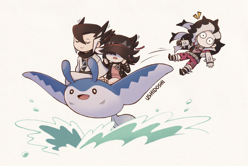 1girl, 2boys, black_hair, black_jacket, black_scarf, chibi, gen_2_pokemon, grimsley_(pokemon)
