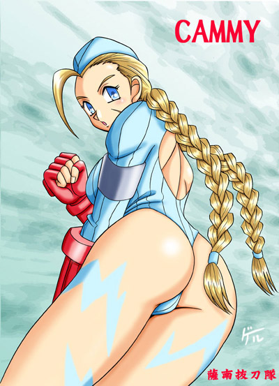 1girl, ass, blonde_hair, blue_eyes, blue_leotard, braid, cammy_white, capcom