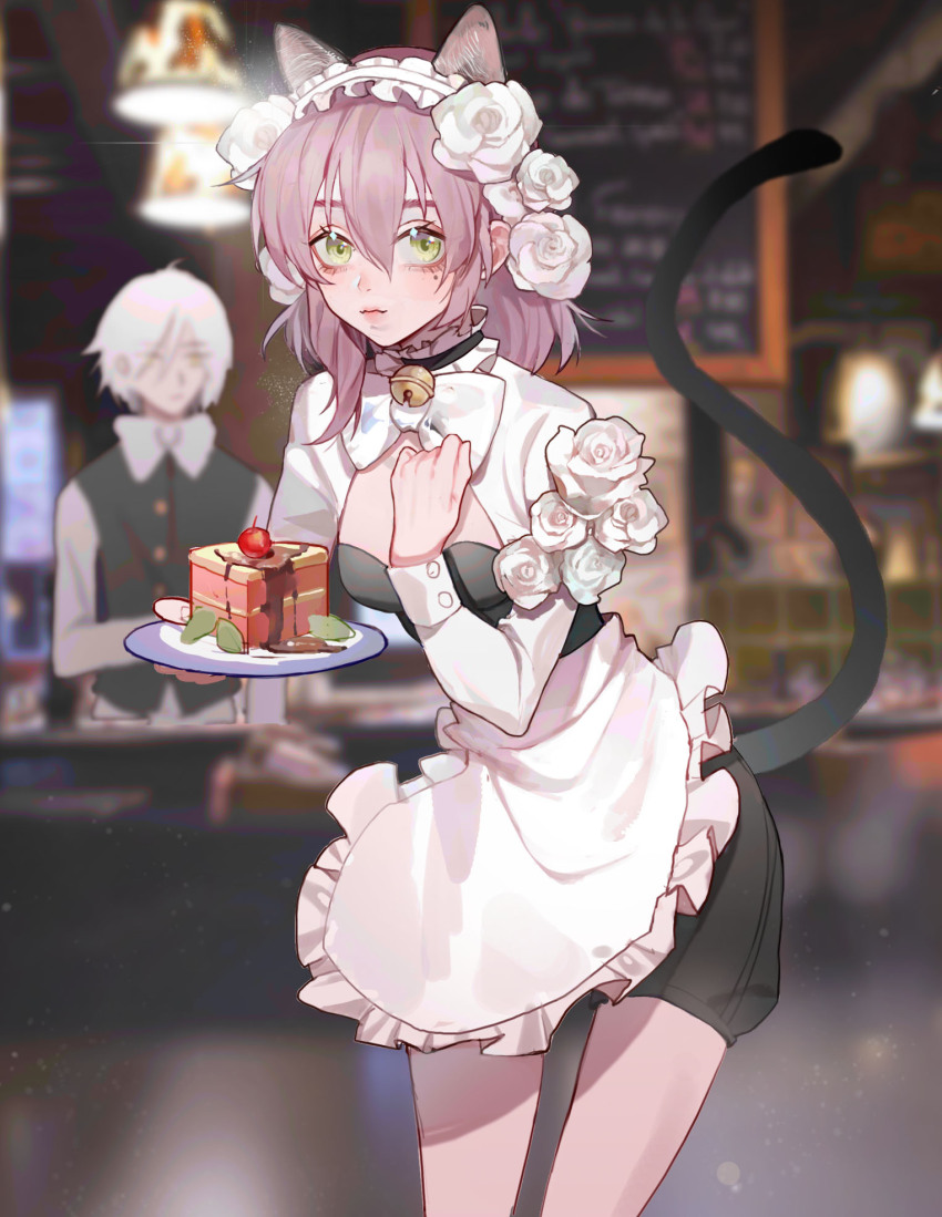 1boy, 1girl, alternate_costume, animal_ears, apron, bar_(place), bell, black_choker