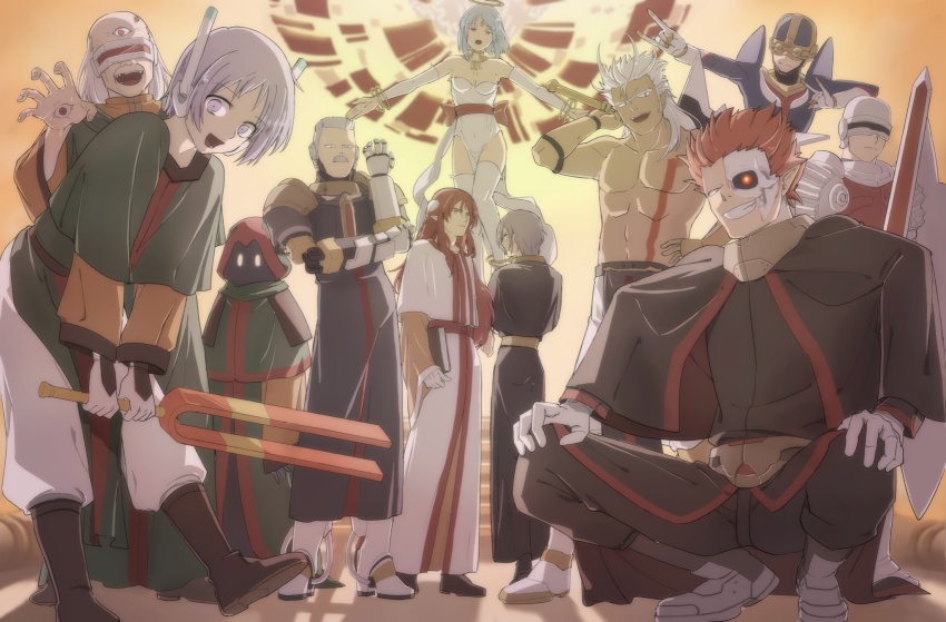 1girl, 6+boys, bare_shoulders, blue_hair, breasts, closed_mouth, dress, elbow_gloves