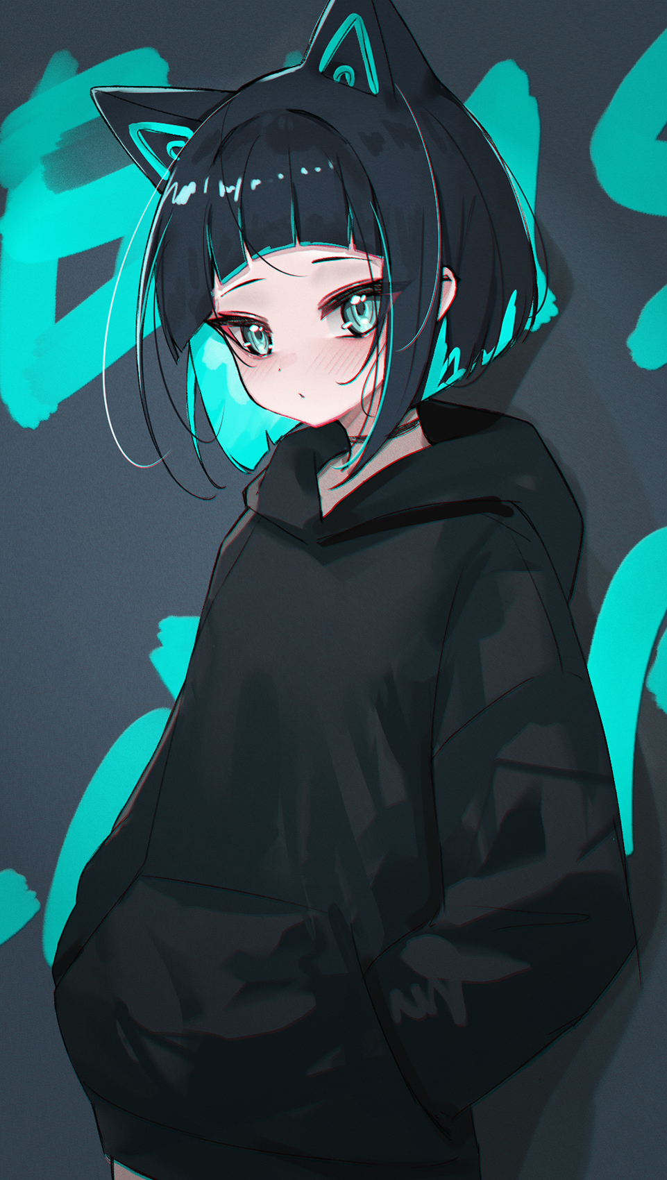 1girl, animal_ears, black_choker, black_hair, black_hoodie, blue_eyes, blue_hair, blunt_bangs