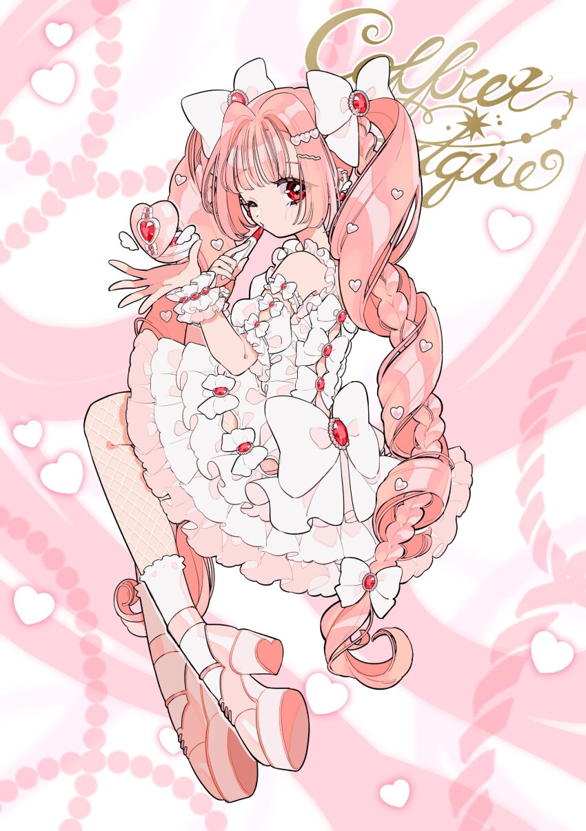 1girl, absurdres, amaharu_wasure, applying_makeup, applying_own_makeup, bow, dress, drill_hair, fishnet_pantyhose, fishnets, full_body, gem, hair_bow, heart, highres, lipstick, long_hair, makeup, multicolored_background, multicolored_dress, multiple_hair_bows, one_eye_closed, original, pantyhose, pink_background, pink_dress, pink_hair, platform_footwear, platform_heels, red_eyes, red_gem, solo, twin_drills, twintails, white_background, white_bow, white_dress