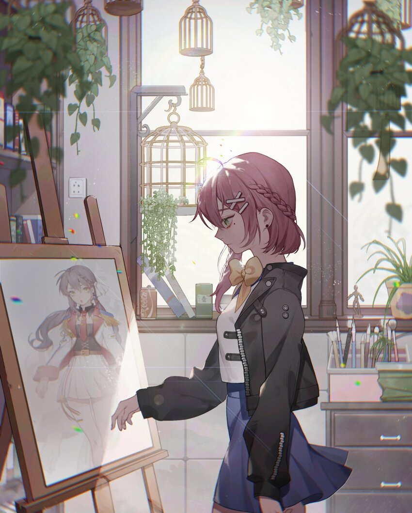 1girl, ahoge, birdcage, black_jacket, blue_skirt, blue_sky, bookshelf, bow