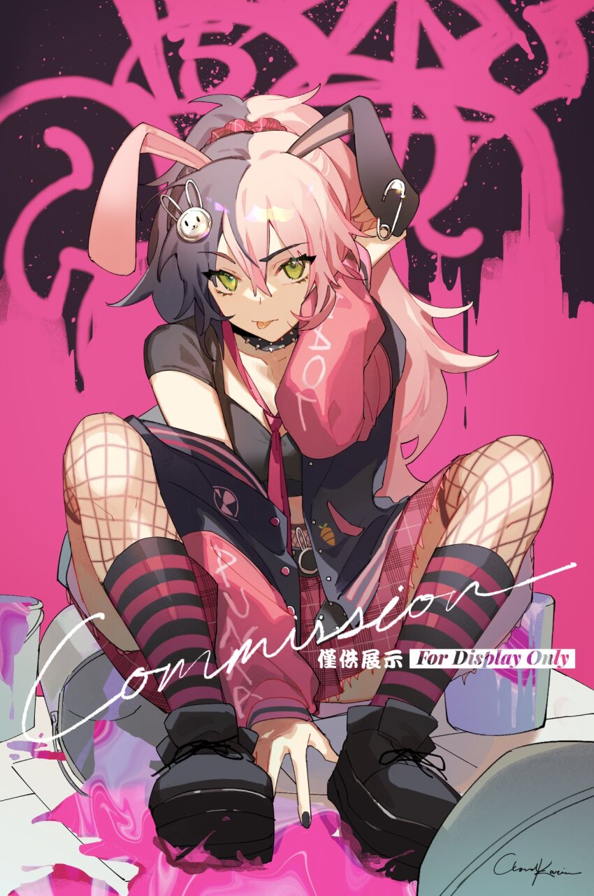 1girl, animal_ears, black_footwear, black_hair, black_jacket, black_nails, black_shirt, black_socks, breasts, carrot_print, cloudkourin, collar, collarbone, commission, english_text, fingernails, fishnet_thighhighs, fishnets, food_print, graffiti, green_eyes, hair_between_eyes, hair_ornament, highres, jacket, long_hair, looking_at_viewer, loose_necktie, medium_breasts, multicolored_hair, multicolored_jacket, nail_polish, necktie, off_shoulder, open_clothes, open_jacket, paint, paint_can, pink_hair, pink_jacket, pink_necktie, pink_skirt, pink_socks, punkalopi, rabbit_ears, rabbit_girl, rabbit_hair_ornament, shirt, sitting, skirt, socks, solo, spiked_collar, spikes, split-color_hair, striped_clothes, striped_socks, thighhighs, tongue, tongue_out, two-tone_jacket, v-roots, virtual_youtuber