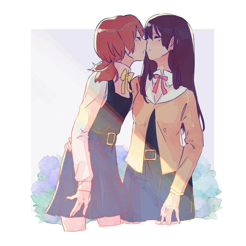 2girls, black_dress, black_hair, bow, bowtie, brown_jacket, closed_eyes, couple, cropped_jacket, dress, floral_background, highres, imminent_kiss, jacket, koito_yuu, long_hair, multiple_girls, nanami_touko, neck_ribbon, orange_hair, pinafore_dress, red_ribbon, ribbon, sailor_collar, sedeto, short_hair, short_twintails, sleeveless, sleeveless_dress, twintails, white_sailor_collar, yagate_kimi_ni_naru, yellow_bow, yellow_bowtie, yuri