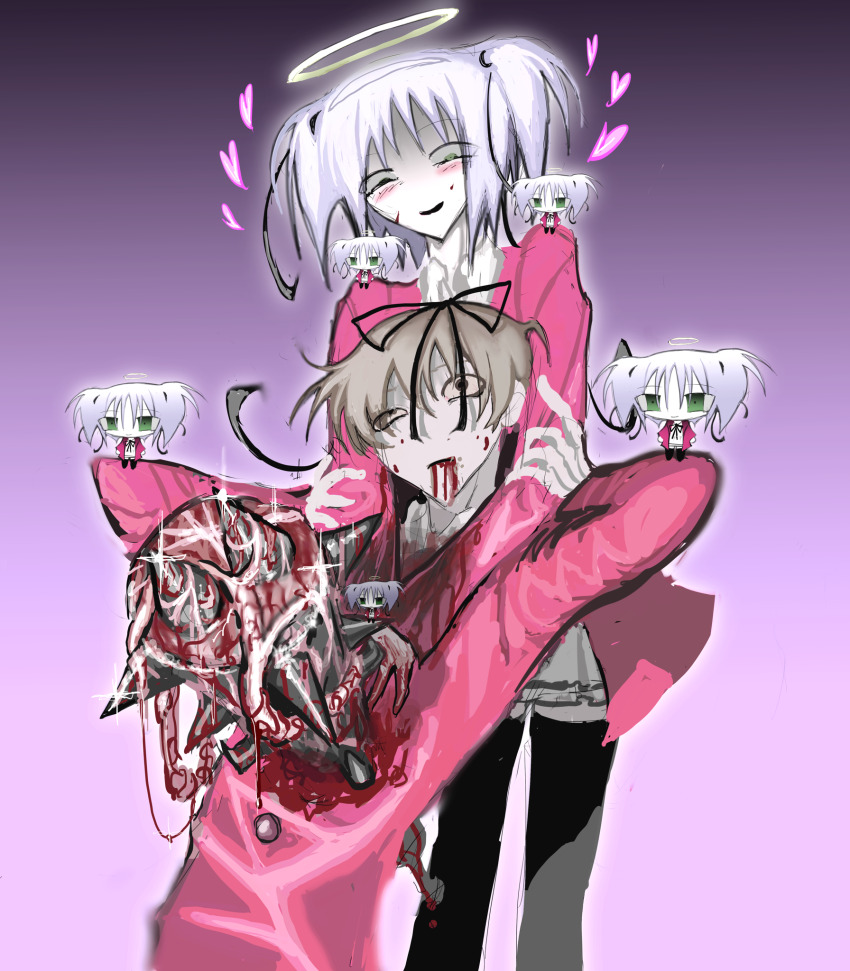 2023, blood, blood_in_mouth, blood_on_clothes, blood_on_face, blush, bokusatsu_tenshi_dokuro-chan, brown_hair