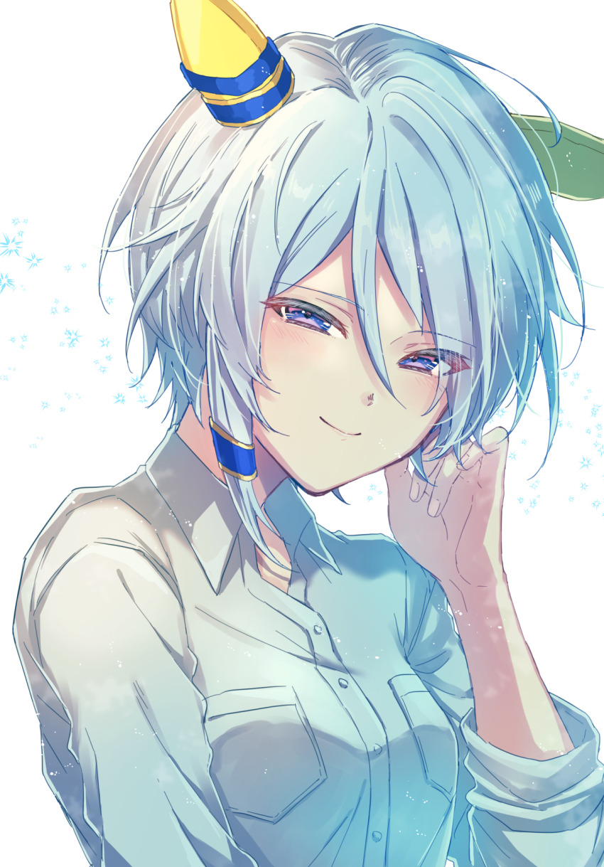 1girl, 24mbb, animal_ears, blue_hair, blue_shirt, blush, breasts, closed_mouth