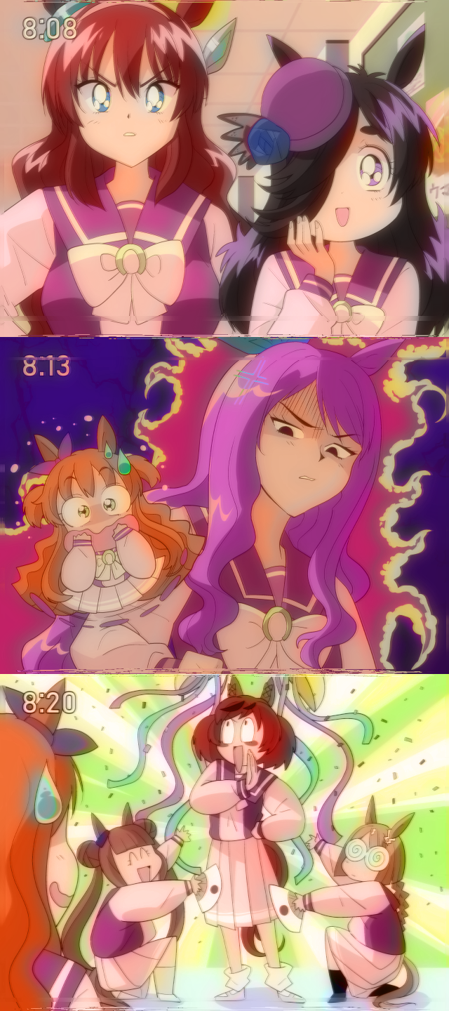 1990s_(style), 6+girls, :d, ^_^, anger_vein, animal_ears, aura, black_hair