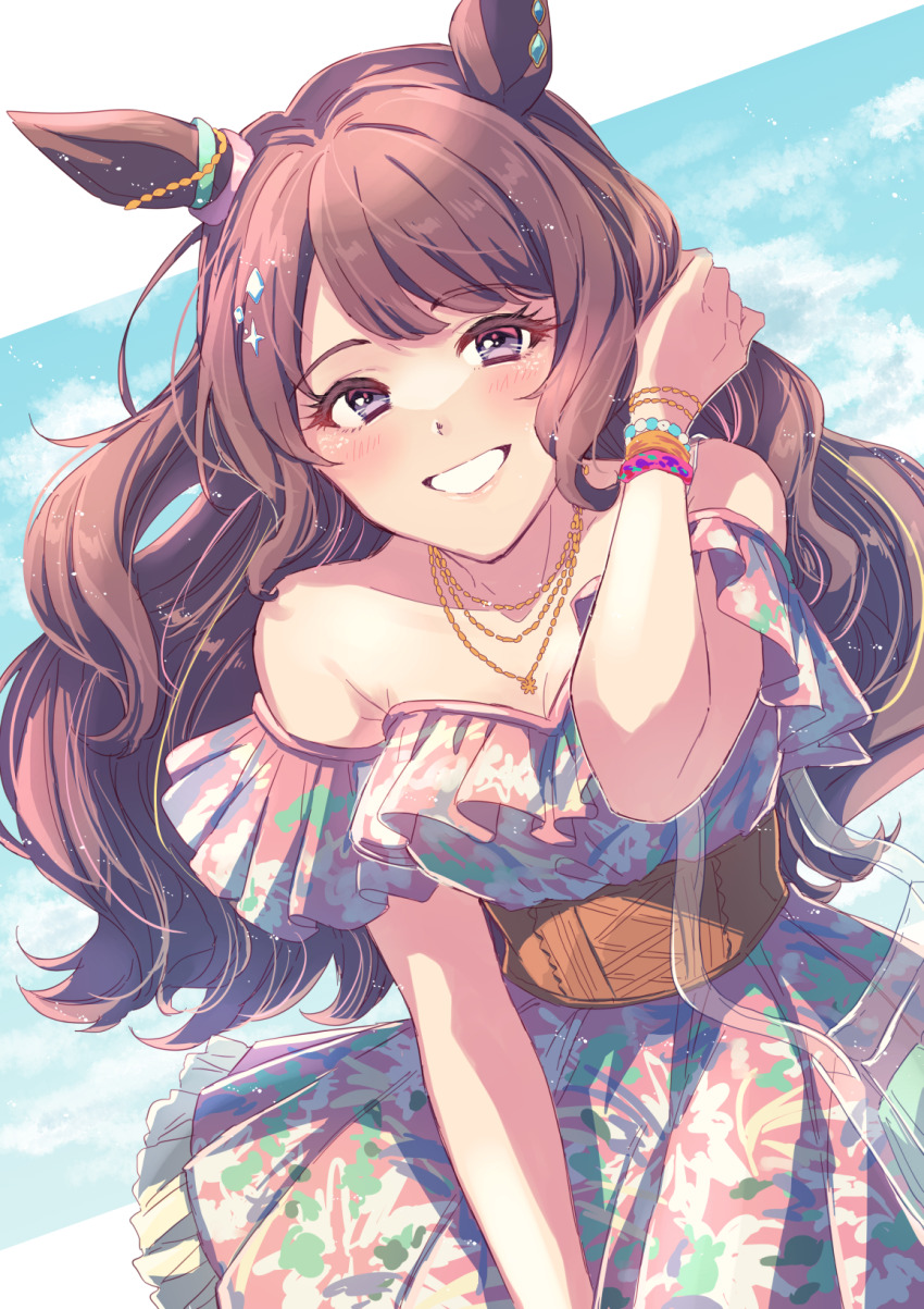 1girl, 24mbb, animal_ears, bare_shoulders, bead_bracelet, beads, blue_sky, bracelet