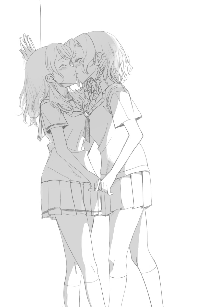 2girls, absurdres, against_wall, bang_dream!, bang_dream!_girls_band_party!, braid, closed_eyes, greyscale