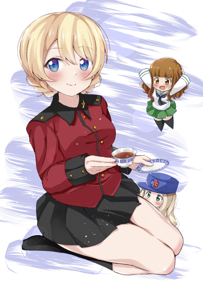 3girls, bc_freedom_(emblem), bc_freedom_military_uniform, black_neckerchief, black_skirt, black_socks, blonde_hair, blue_eyes