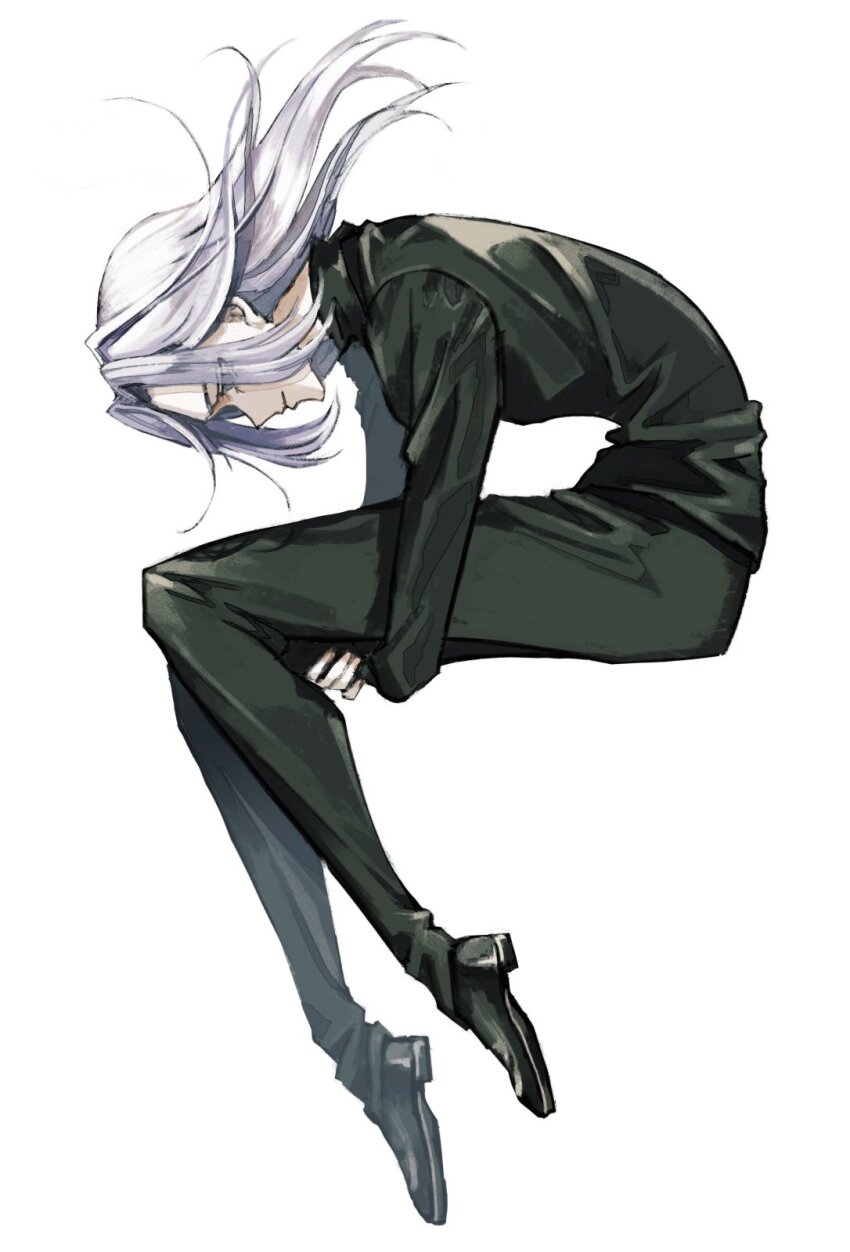 1boy, black_footwear, black_pants, black_sweater, epsilon_(pluto), fetal_position, highres, long_hair