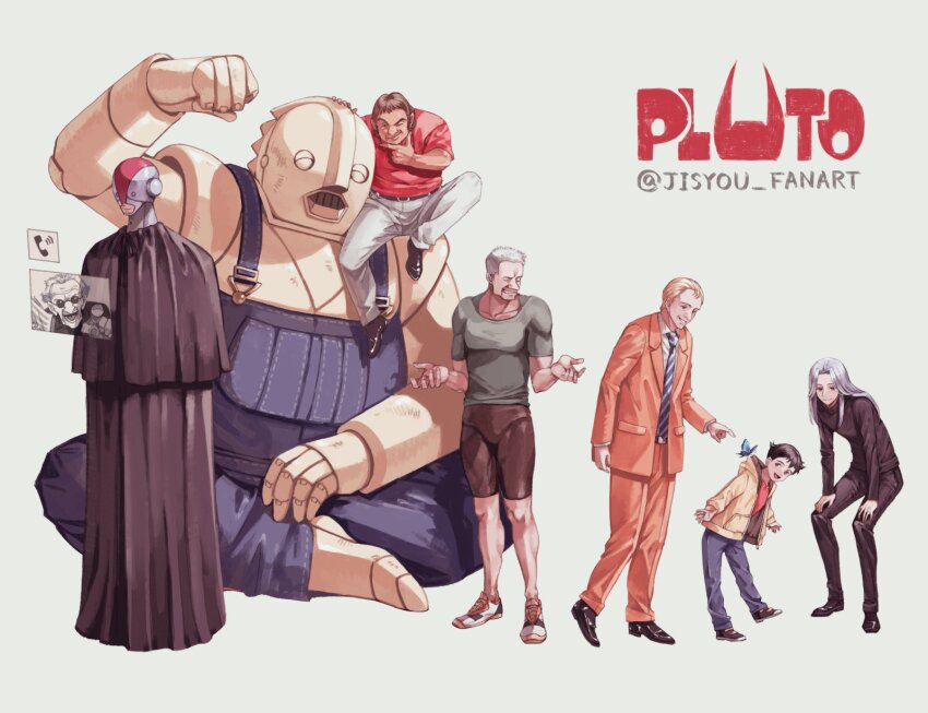 6+boys, android, atom_(pluto), atom_(tetsuwan_atom), black_cape, black_footwear, black_hair, black_pants, black_sweater, blonde_hair, blue_butterfly, blue_overalls, brando_(pluto), brando_(tetsuwan_atom), brown_hair, brown_jacket, bug, butterfly, cape, copyright_name, epsilon_(pluto), flexing, gesicht_(pluto), green_shirt, hercules_(pluto), highres, hood, hoodie, insect, jacket, long_hair, male_focus, mont_blanc_(pluto), multiple_boys, necktie, north_no._2_(pluto), old, old_man, one_eye_closed, overalls, pants, paul_duncan_(pluto), pluto_(manga), red_shirt, robot, shirt, striped_clothes, striped_necktie, sweater, takagi_rakuji, white_hair, white_pants