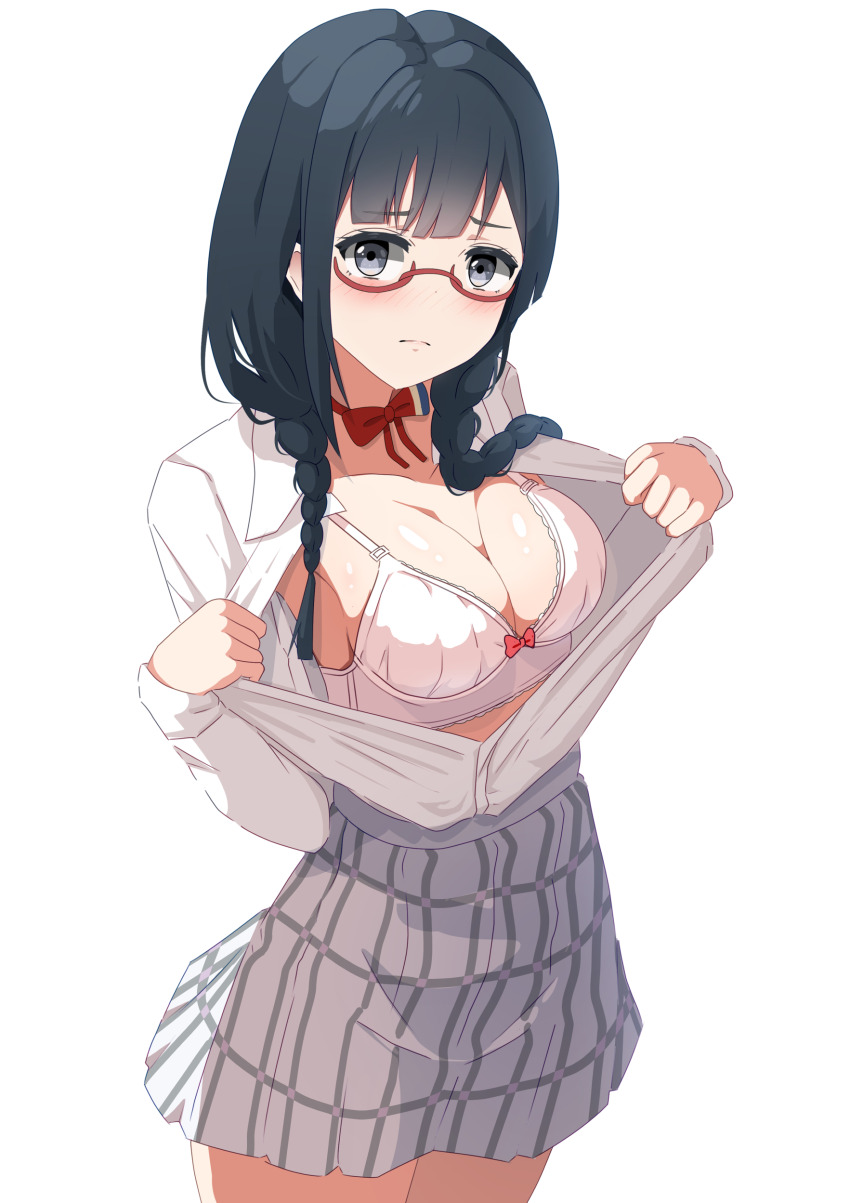 1girl, absurdres, black_eyes, black_hair, bow, bowtie, bra, braid, breasts, cleavage, closed_mouth, collared_shirt, dress_shirt, grey_skirt, highres, large_breasts, long_hair, long_sleeves, looking_at_viewer, love_live!, love_live!_nijigasaki_high_school_idol_club, low_twintails, nakagawa_nana, nijigasaki_school_uniform, partially_unbuttoned, plaid_clothes, plaid_skirt, pleated_skirt, red-framed_eyewear, red_bow, red_bowtie, school_uniform, semi-rimless_eyewear, shirasaki_(ebb_ss), shirt, skirt, solo, standing, twin_braids, twintails, under-rim_eyewear, underwear, undressing, white_bra, white_shirt, yuki_setsuna, yuki_setsuna_(love_live!)