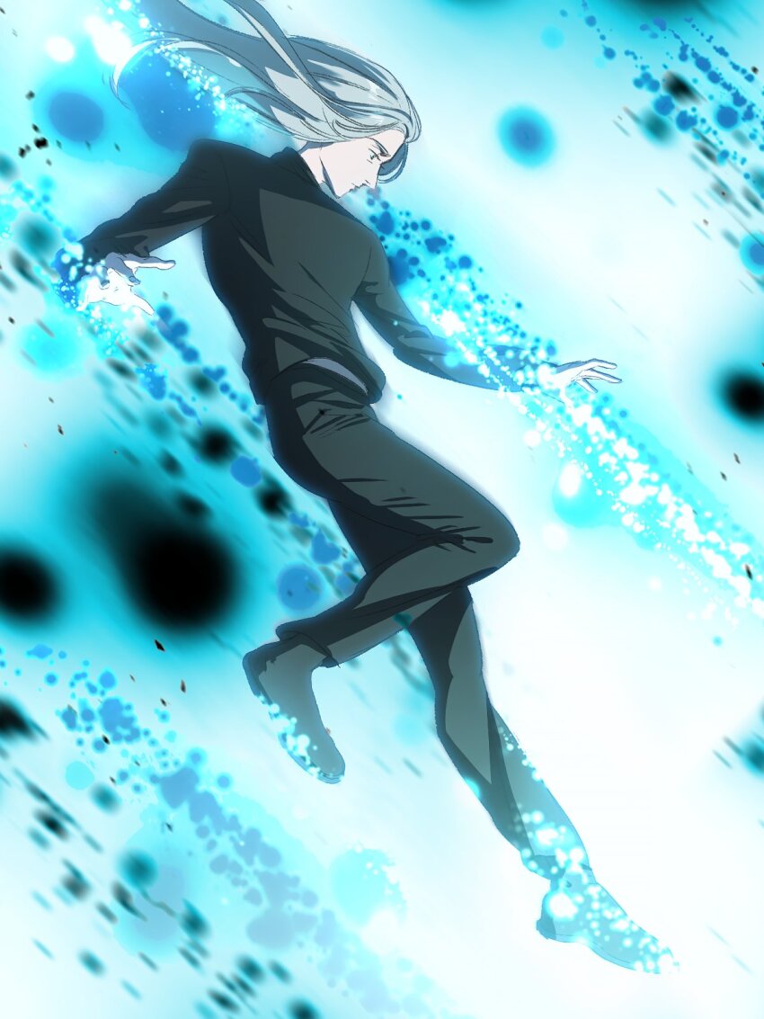 1boy, android, black_footwear, black_pants, blue_eyes, epsilon_(pluto), floating_hair, highres