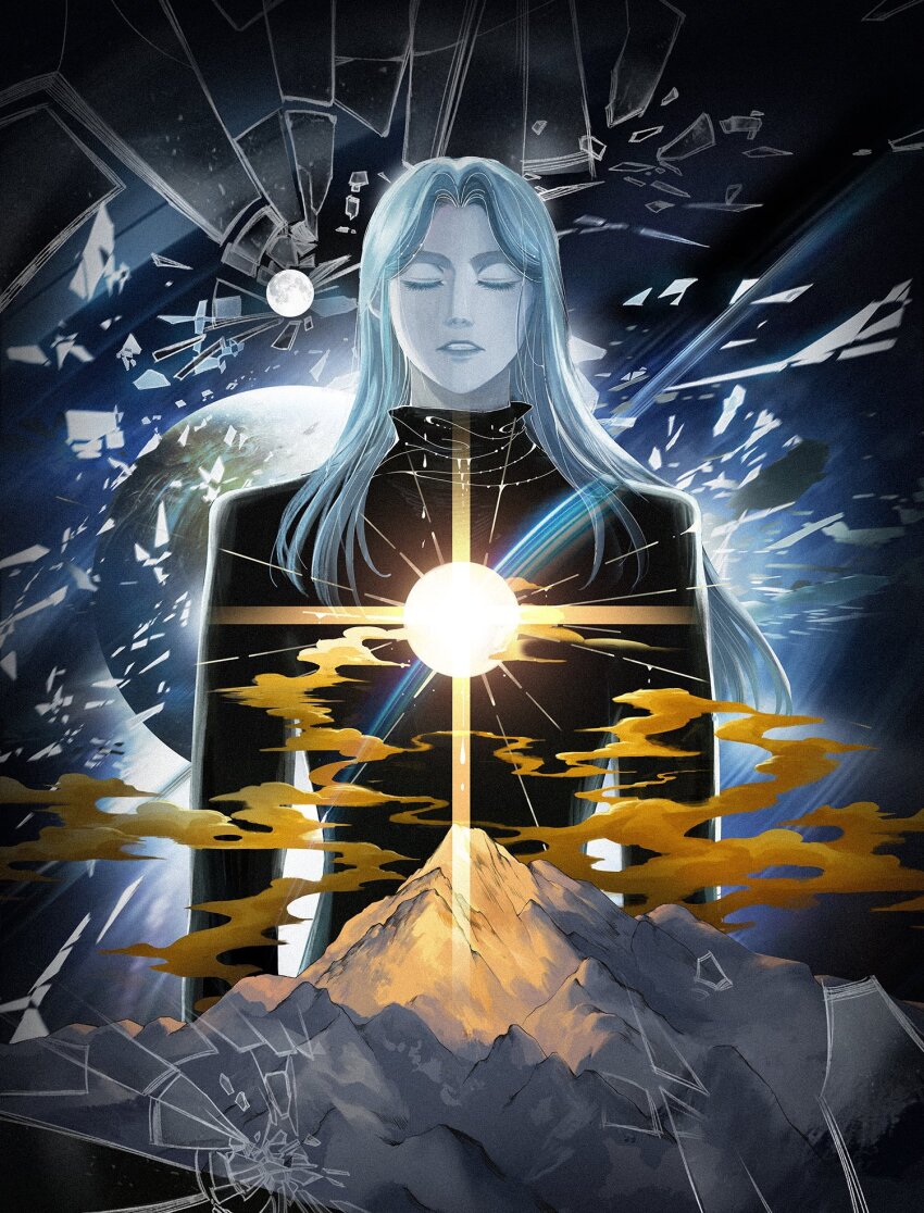 1boy, black_sweater, breaking, closed_eyes, cloud, epsilon_(pluto), glass, highres