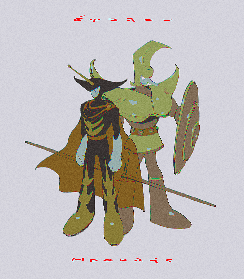 2boys, aktmnk, antennae, cape, epsilon_(tetsuwan_atom), grey_background, hercules_(tetsuwan_atom), holding