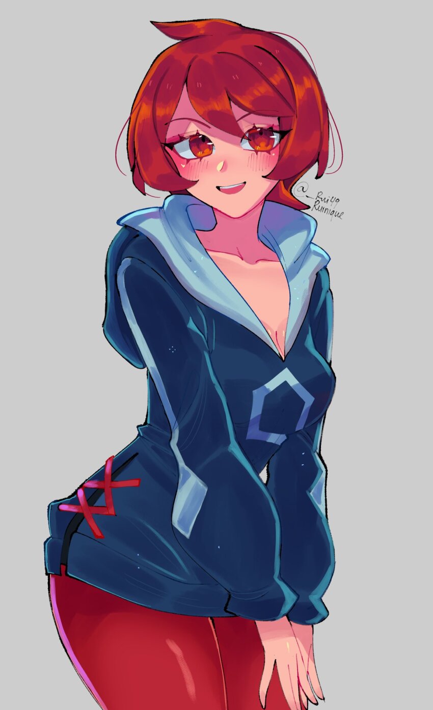 1girl, arezu_(pokemon), artist_name, blue_hoodie, breasts, cleavage, collarbone, grey_background