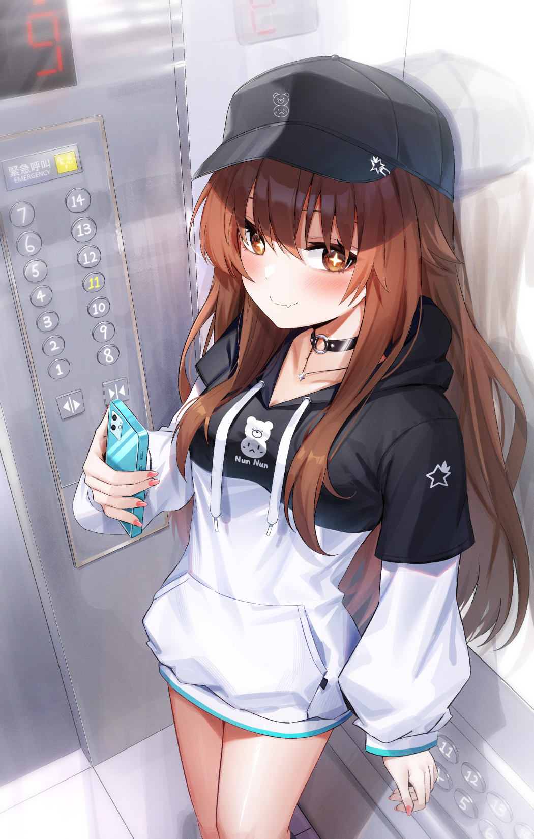 1girl, baseball_cap, black_hat, black_hoodie, blush, bu_leike, choker, closed_mouth
