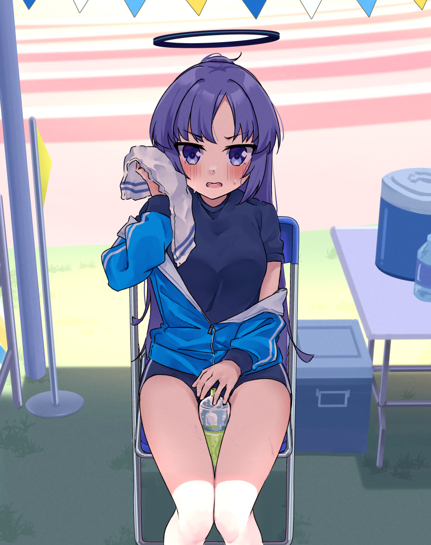 1girl, 53c_(ray_cordova), absurdres, blue_archive, blue_buruma, blue_jacket, blue_shirt, blush