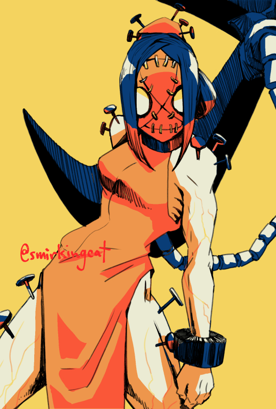 1girl, collar, cuffs, cyborg, facing_viewer, looking_at_viewer, mask, nail_(hardware)