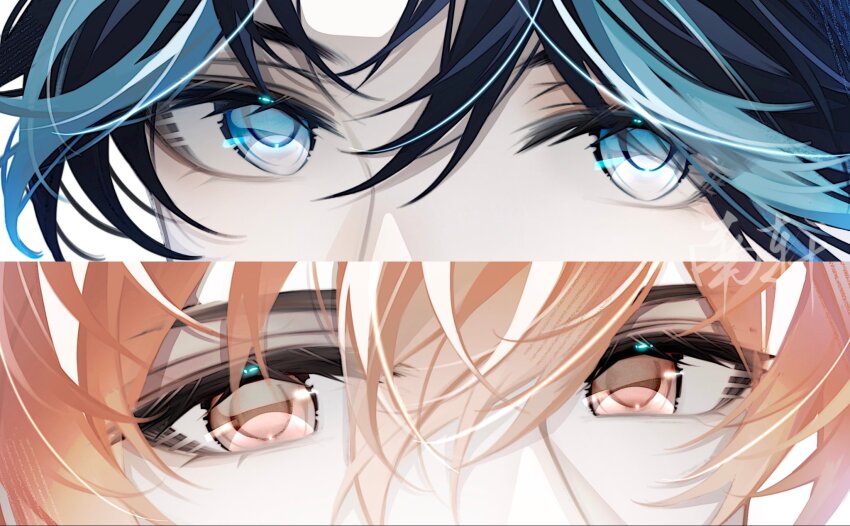 2boys, alkaidnxxxxx, black_hair, blue_eyes, blue_hair, eye_focus, eyelashes, highres