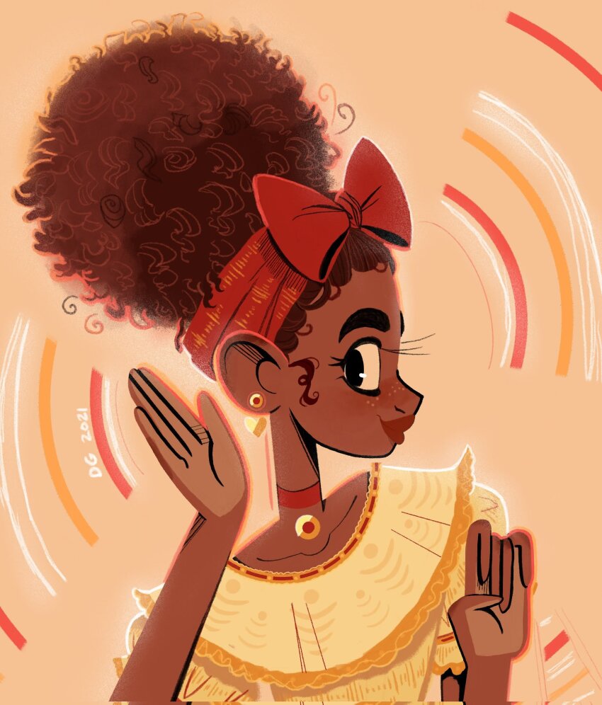 1girl, black_eyes, brown_hair, choker, commentary, curly_hair, dark-skinned_female, dark_skin