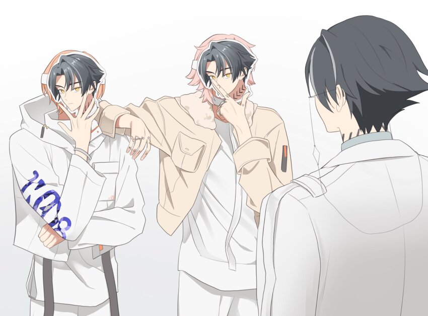 1nm8_(paradox_live), 3boys, black_hair, character_mask, glasses, grey_background, grey_hair, highres