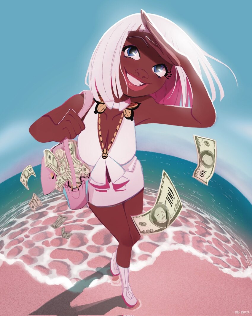 1girl, 2022, bag, banknote, bare_arms, beach, blue_eyes, blue_sky, blunt_bangs, breasts, cleavage, collarbone, colored_inner_hair, commentary, dark-skinned_female, dark_skin, day, deanne_go, dollar_bill, dorothy_(great_pretender), english_commentary, fisheye, full_body, great_pretender, grin, handbag, highres, initial, medium_breasts, medium_hair, money, multicolored_hair, ocean, outdoors, pink_hair, sand, shore, skirt, sky, smile, solo, two-tone_hair, very_dark_skin, water, white_hair, white_skirt