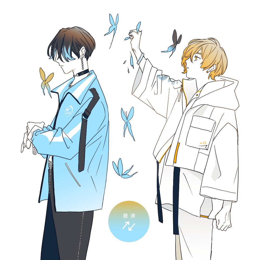 2boys, black_hair, black_pants, blue_hair, blue_jacket, butter, facing_to_the_side, food, hood, hood_down, jacket, looking_ahead, looking_up, miyama_kei, multicolored_hair, multiple_boys, orange_eyes, orange_hair, pants, paradox_live, shirt, short_hair, white_hood, white_jacket, white_pants, white_shirt, yamato_shogo, yuz46