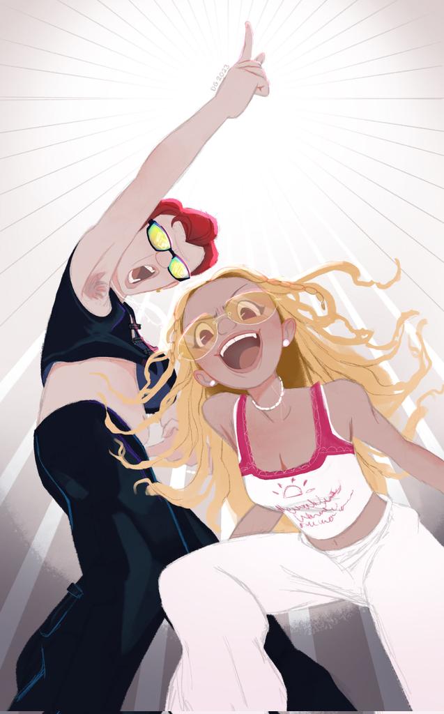 1boy, 1girl, armpit_hair, black_pants, black_vest, blonde_hair, braid, breasts