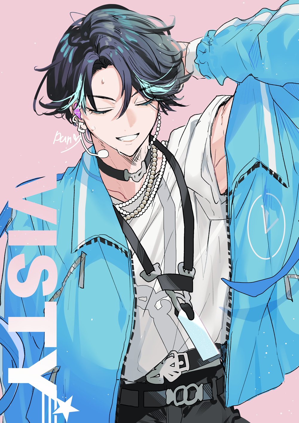 1boy, aqua_hair, belt, black_belt, black_choker, black_hair, black_pants, blue_jacket, choker, closed_eyes, earrings, eyelashes, facing_viewer, headset, highres, jacket, jewelry, lanyard, male_focus, multicolored_hair, multiple_earrings, necklace, panj_(tsubaki_panse), pants, paradox_live, pearl_necklace, pink_background, shirt, smile, solo, teeth, white_shirt, yamato_shogo