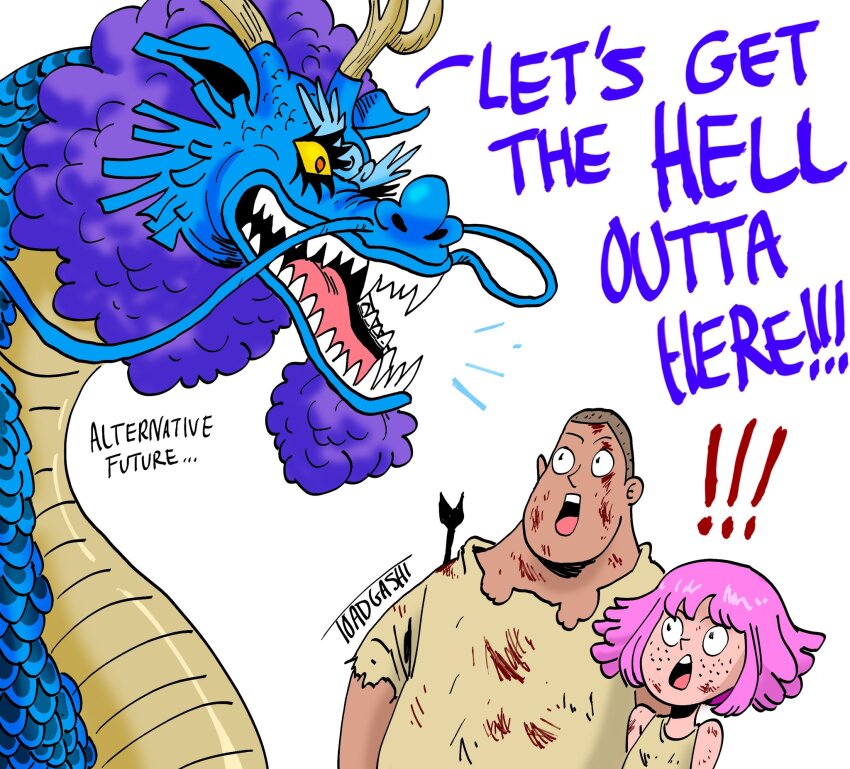 !, !!, 1girl, 2boys, :o, aged_down, alternate_universe, artist_name, bartholomew_kuma, blood_on_clothes, child, devil_fruit, drag_queen, dragon, dragon_horns, emporio_ivankov, english_text, eyelashes, ginny_(one_piece), highres, horns, injury, looking_at_another, multiple_boys, one_piece, open_mouth, pink_hair, purple_hair, shirt, short_hair, signature, simple_background, surprised, toadgashi, torn_clothes, torn_shirt, white_background